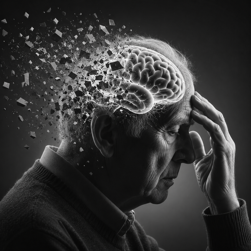 Black and white image of a person with a brain illustration and floating pieces, symbolizing cognitive decline or dementia.