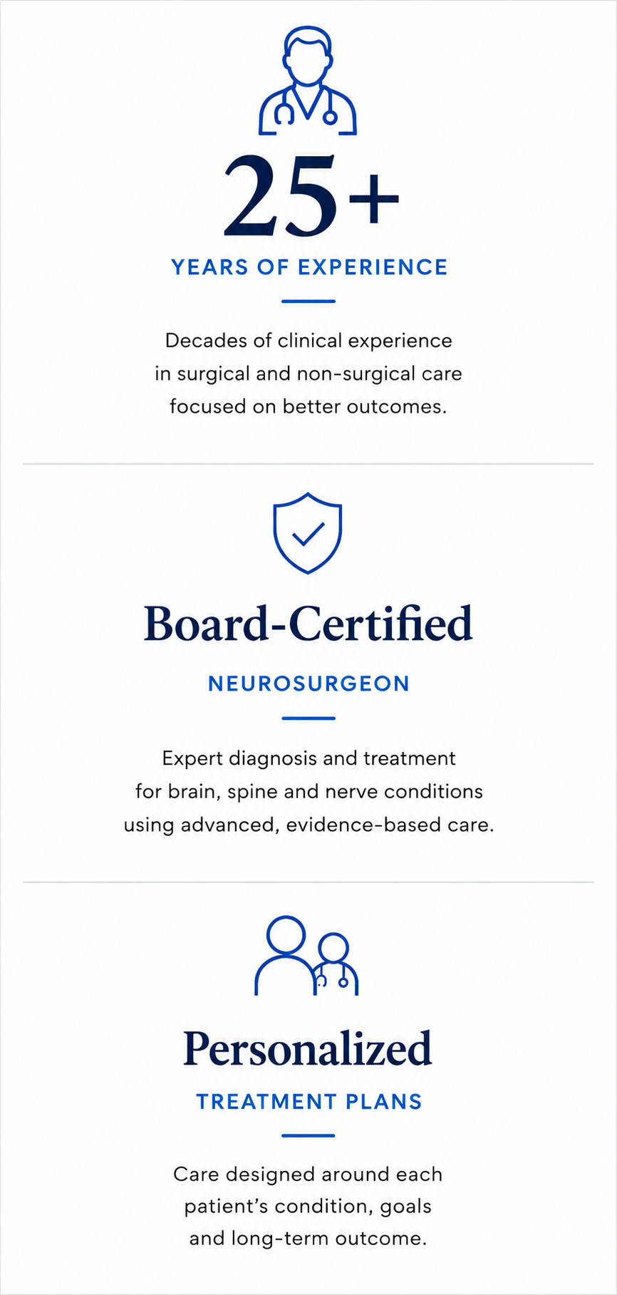 Advertisement for a board-certified neurosurgeon with 25+ years of experience, personalized treatment plans, and advanced care focus.