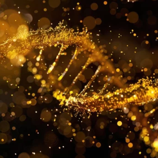 Gold DNA double helix against a dark background with bokeh lights