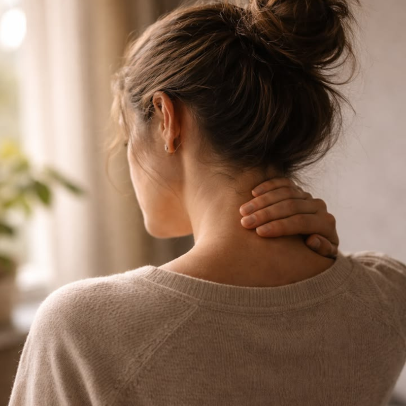 Woman with a bun in her hair holding her neck, wearing a beige sweater indoors.