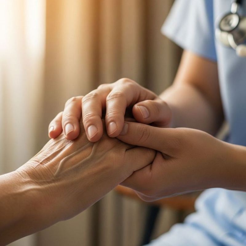 Person holding an elderly person's hand with a blurred background