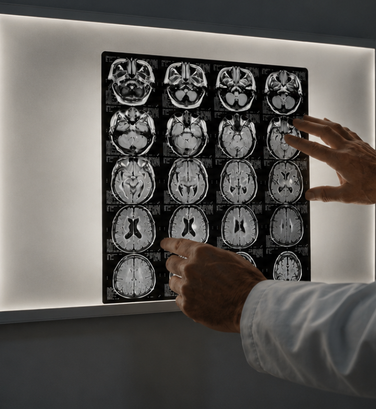 Person pointing at a set of brain scan images on a screen